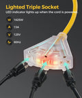Heavy Duty Retractable Extension Cord Reel 50 Feet Long With Rugged 14 AWG Wiring And Three Bright Lighted Outlets showing lighted triple socket with cables.