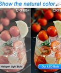 Comparison of tomatoes and lemons under halogen vs. 8 Pack E12 Ceiling Fan Light Bulbs Dope Bright 60W Equivalent Daylight
