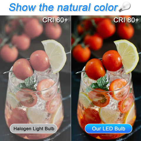 Comparison of tomatoes and lemons under halogen vs. 8 Pack E12 Ceiling Fan Light Bulbs Dope Bright 60W Equivalent Daylight