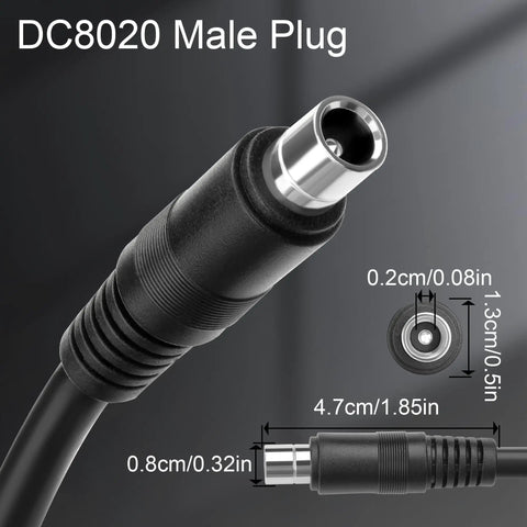 DC8020 male plug from Get The Ultimate XT60 To DC 8.0MM Female Power Adapter Cable, showing dimensions and connection details.
