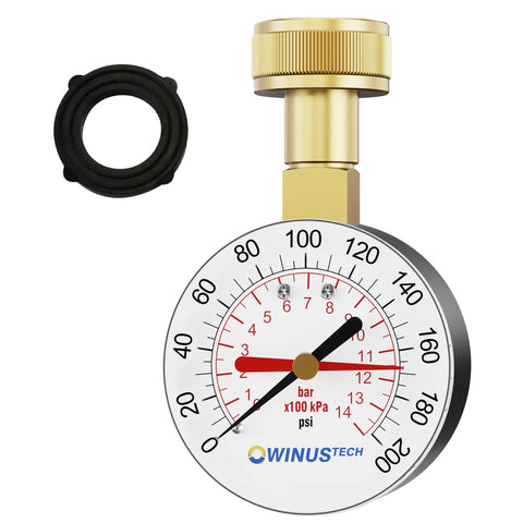 Water pressure gauge with brass body, 2.5-inch dial, 0-200 psi, 3/4-inch female thread, rubber seal, Winustech