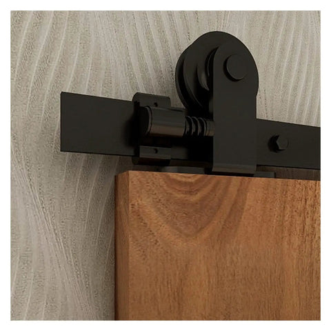 Close-up of Heavy Duty Sliding Barn Door Hardware Kit With Industrial Track System And Smooth Glide T Style Roller Hanger installed on wood.
