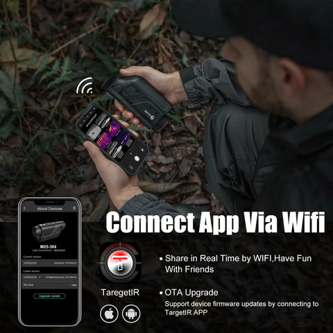 Person holding Night Hunting Ready Thermal Imaging Monocular With 384x288 Sensor And 12 Micron Detector connecting via app.
