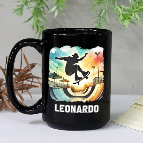 Custom Skateboarding Travel Mug Personalized Gift For Skateboard Lovers Black 11 Oz With Skater Graphic and Personalized Name