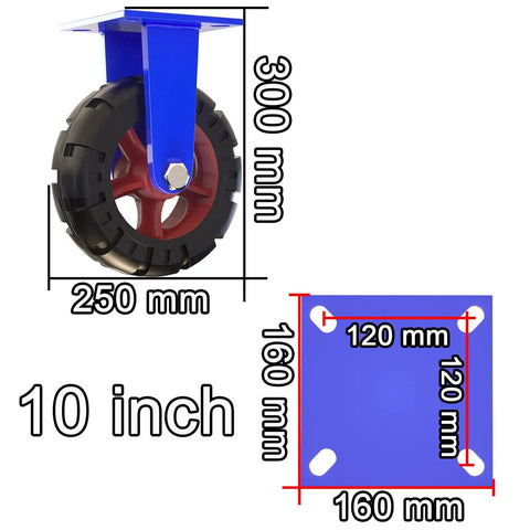 Heavy Duty 4 Pack Caster Wheels With Brakes 360 Degree Swivel No Noise Steel Plate Rubber Wheels 10 Inch dimensions