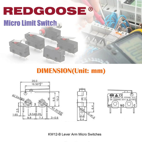30 Pack KW12 Micro Limit Switches Kit SPDT 1NO 1NC 250VAC 5A Includes KW12A KW12B KW12N Lever Arm Switches and diagram.