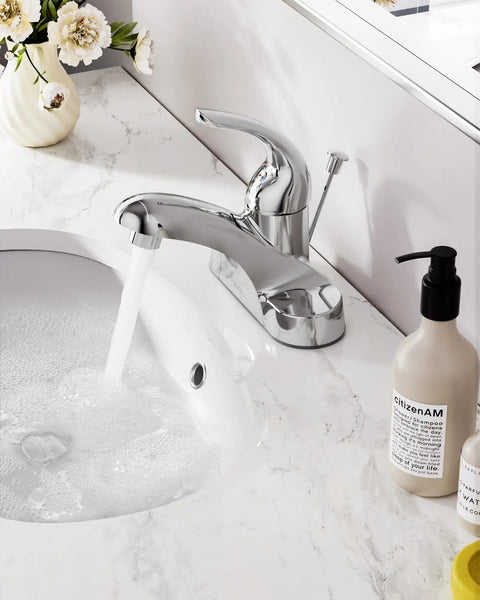 Single Handle Low Arc Bathroom Faucet With Lift Rod Drain Assembly 4 Inch Centerset Chrome Vanity Tap running water
