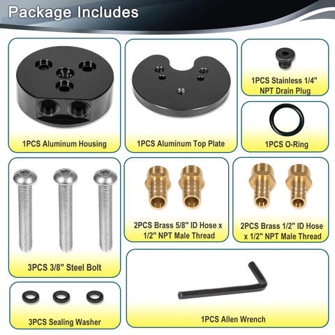 Package contents of Diesel Fuel Tank Sump Kit With Dual Port Integrated Return For Airdog FASS Cummins Duramax Powerstroke