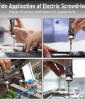 Handheld Soldering Practice Kit With Rechargeable Electric Screwdriver Build Your Own Soldering Tool Includes 2 Bits Electronics Repair DIY STEM Project For Teens And Adults used for repairing small electronic devices, close-up of hands using the kit.