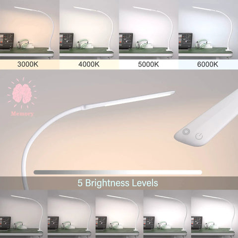 Ultra Versatile LED Desk Lamp With Clamp, Flexible Gooseneck, Dimmable Touch Control showing various color and brightness modes