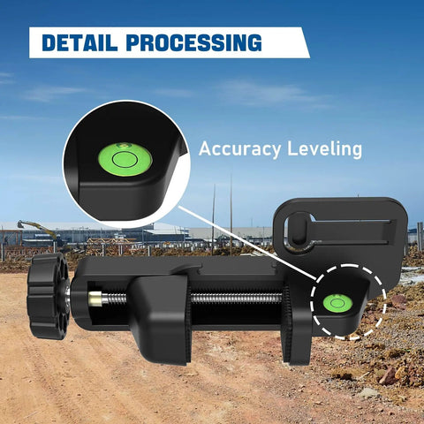 Universal Laser Receiver Bracket Clamp For LR6 LR7 LR8 LR10 Systems With Tool Free Mounting And Push Button Release, No Fuss Quick Install Clamp For Precise Alignment And Easy Setup. black clamp with bubble level for surveying use