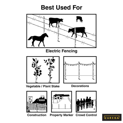 Illustration of uses for 30 Inch Garden Fence Post 25 Pack including electric fencing, plant staking, and crowd control.