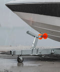 Hella Durable Adjustable Boat Trailer Winch Stand With Roller Hot Dip Galvanized Steel mounted on a trailer supporting a speedboat.