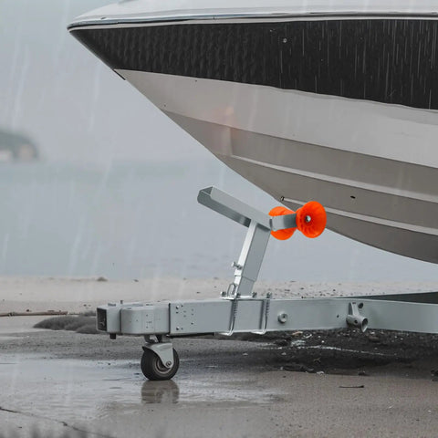 Hella Durable Adjustable Boat Trailer Winch Stand With Roller Hot Dip Galvanized Steel mounted on a trailer supporting a speedboat.