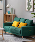 Heavy Duty Furniture Movers With 360 Degree Rotation Wheels And Lifter Set under green sofa with yellow cushions, rolling on hardwood floors.