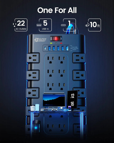 10 Ft Extension Cord Power Strip With 22 AC Outlets And 6 USB Ports, 1875W 15A Surge Protector, vertical view, black