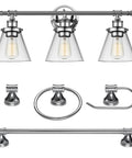 All-In-One Chrome Bathroom Set With 23 Inch 3-Light Vanity Wall Light And Clear Glass Shades, Towel Bar, Towel Ring, Robe Hook, And Toilet Paper Holder — Modern Vintage Vibe For Any Style