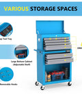 Eight Drawer Rolling Tool Chest On Wheels With Lockable Casters Detachable Top Bottom Cabinet And Side Hooks Heavy Duty Mechanic Tool Organizer For Garage Workshop Or Home Shop Storage, blue steel, open