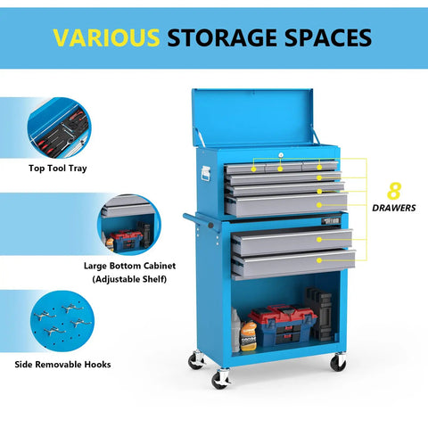 Eight Drawer Rolling Tool Chest On Wheels With Lockable Casters Detachable Top Bottom Cabinet And Side Hooks Heavy Duty Mechanic Tool Organizer For Garage Workshop Or Home Shop Storage, blue steel, open