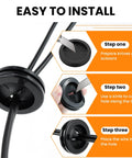 Installation steps for Rubber Grommets 2-1/8 In ID, 2-1/2 In Drill Hole, showing tools, cutting, and wire insertion process.