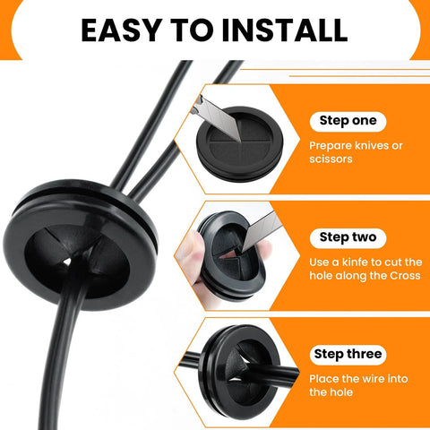 Installation steps for Rubber Grommets 2-1/8 In ID, 2-1/2 In Drill Hole, showing tools, cutting, and wire insertion process.