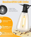 Close-up of Lit Outdoor String Lights 200Ft Waterproof With 104 LED Filament Bulbs, showing shatterproof ST38 bulb design and features.