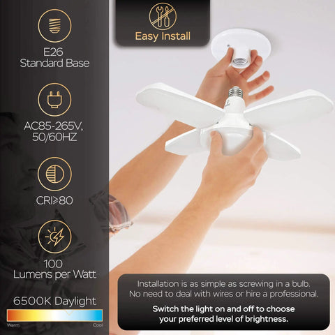Installing 2 Pack Deformable Dimmable Ceiling LED Lights 60W 6000 Lumens Each Screw In Basement Garage Light With 4 Leaf Panels