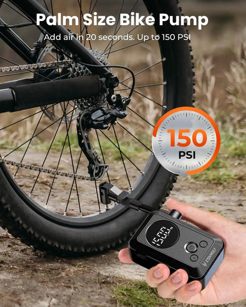 Mini Bike Pump With Gauge 20 Seconds Fast Inflate Portable Electric Bike Air Pump 150 PSI Presta And Schrader Valve Compatible For Mountain Road Motorcycle And Sports Balls Black