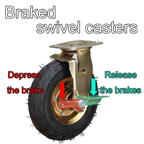 Beefy Heavy Duty Swivel Caster Wheels with Side Brakes, rubber tire, brass frame, brake mechanism visible with labels.