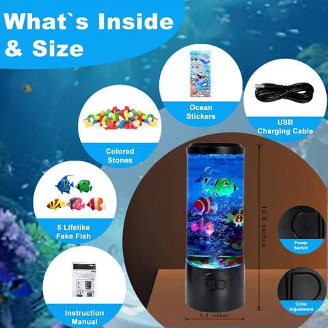 Components of Jellyfish USB Night Light Mood Lamp With 7 Color Changing Modes, including fake fish, stones, and USB cable.