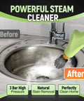 10-In-1 Beast Mode Handheld Steam Cleaner with 2500W Power cleaning a stainless steel sink, showing before and after results.