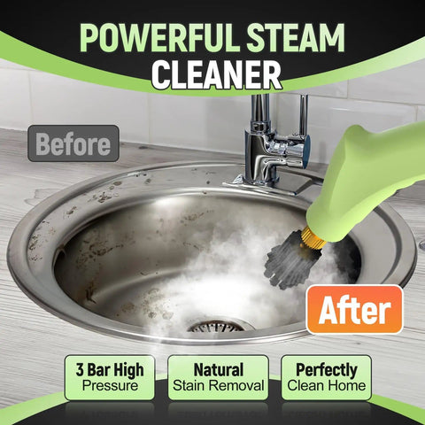 10-In-1 Beast Mode Handheld Steam Cleaner with 2500W Power cleaning a stainless steel sink, showing before and after results.