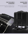 Back view of 14 Inch Underseat Carry On Luggage With Spinner Wheels And USB Charging Port, showing phone charging and secure straps.