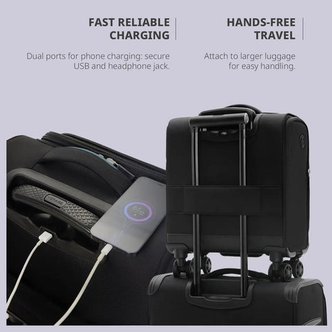 Back view of 14 Inch Underseat Carry On Luggage With Spinner Wheels And USB Charging Port, showing phone charging and secure straps.