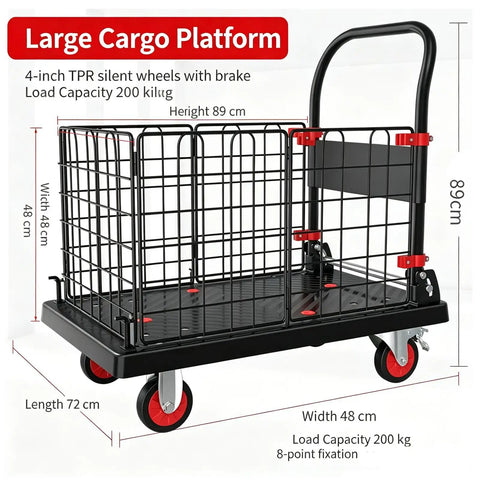 2in1 Foldable Wire Mesh Platform Cart With 400 Lb Capacity, Convertible Hand Truck To Enclosed Trolley, Heavy Duty Dolly For Warehouse Move, 72 By 48 Cm, 4 Inch Silent TPR Brake Casters, Black, wire cargo cart