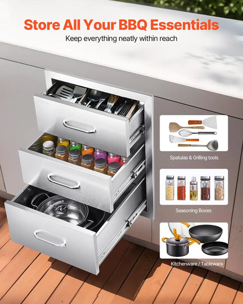 Outdoor Kitchen Drawers Stainless Steel Triple-Access Modular Cabinet for BBQ Island and Patio Grill Station with cookware shown