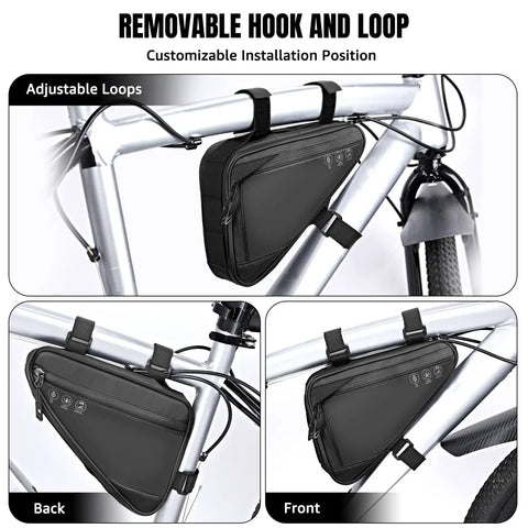 Water Resistant Reflective Bike Frame Storage Bag Triangle Bag With Two Side Pockets Strap On Under Seat Tool Pouch For Mountain And Road Bikes 2L Capacity Durable showing adjustable loops on bike frame