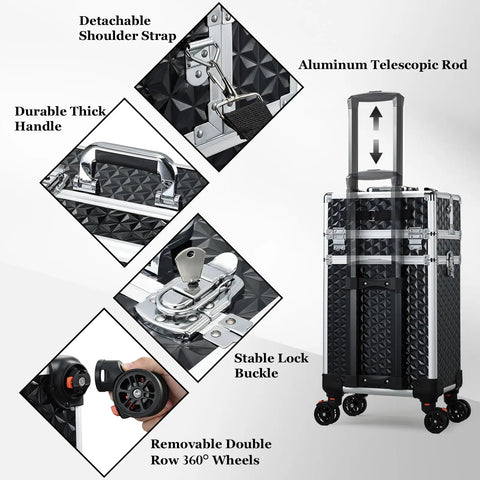 Rolling Makeup Case With Drawers For Tattoos And Nail Techs On The Go Tattoo Travel Cart Cosmetology Barber Tools Organizer Portable Suitcase With Detachable Top Case And Customizable Middle Tray Two Spacious Drawers, featuring durable handles, aluminum telescopic rod, and 360-degree wheels.