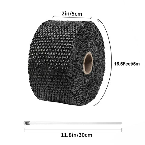 Exhaust Heat Wrap Kit 2 Inch 16 Foot High Temp Fiberglass Header Wrap displayed with stainless steel locking tie