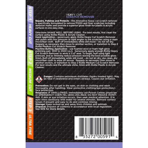 Back label of 3 Step Scratch Removal Kit For Clear Plastic And Acrylic Surfaces With Heavy Cut, Medium Cut And Ultra Fine Pro Grade Polishing Compounds That Gets Rid Of Scratches And Swirl Marks Includes 3 To 4 Ounce Bottles showing instructions and safety warnings.