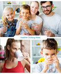 Family enjoying purified water with Dual Countertop Water Filter With Carbon And Mineral PH Alkaline System, reduces metals and chlorine.