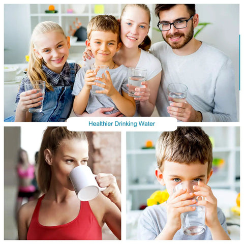 Family enjoying purified water with Dual Countertop Water Filter With Carbon And Mineral PH Alkaline System, reduces metals and chlorine.