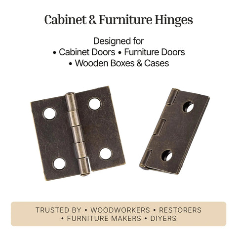 Antique Brass Butt Hinges For Cabinet Doors And Wooden Boxes 1.5 Inch Square Pack Of Two with smooth alignment for furniture.