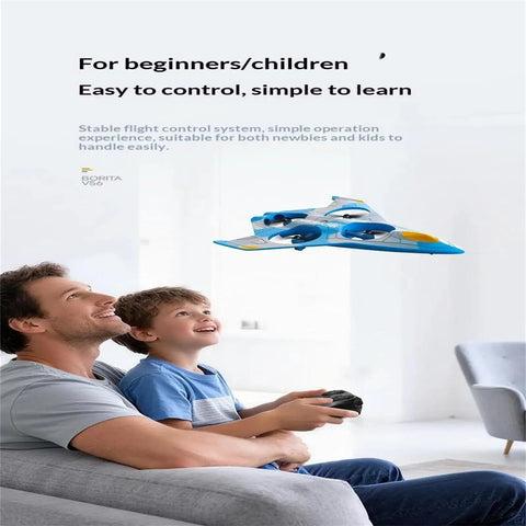 Father and son controlling Mini Kids Drone With Altitude Hold And 6 Axis Gyro, LED Lights, One Key Takeoff And Landing indoors