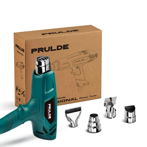 Dual Temp Heat Gun Kit With 752F To 1112F Hot Air Beast For Crafts 4 Nozzles Shrink Wrap Tubing Paint Removal Lightweight Safe With Stand And Overheat Protection next to packaging and 4 nozzles.