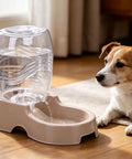 Set It And Forget It Gravity Pet Waterer Keeps Your Pooch Fully Hydrated With Large Capacity Plastic Bowl Featuring Non Slip Base And Whisper Quiet Auto Refill For Dogs And Cats In Beige with a dog observing