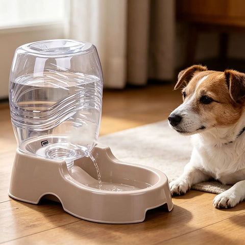 Set It And Forget It Gravity Pet Waterer Keeps Your Pooch Fully Hydrated With Large Capacity Plastic Bowl Featuring Non Slip Base And Whisper Quiet Auto Refill For Dogs And Cats In Beige with a dog observing