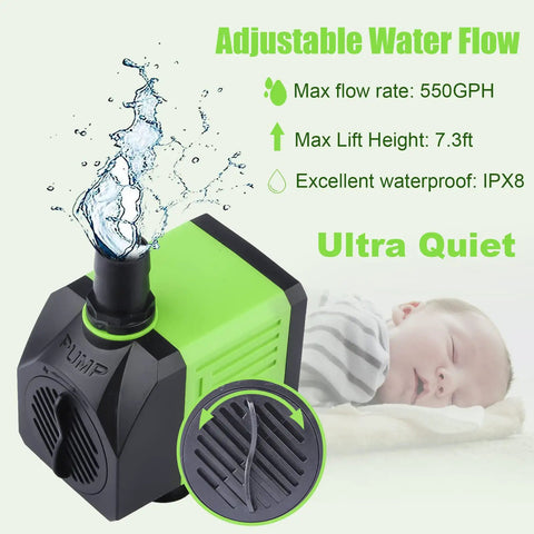 Powerhouse Submersible Fountain Pump 550GPH 30W Ultra Quiet Small Pond Pump with water flow and sleeping baby background