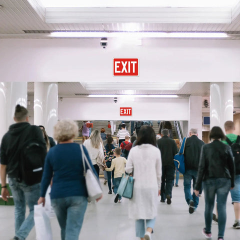 5 Pack Exit Signs For Doors And Walls, High Visibility Red Safety Stickers, Premium Self Adhesive Vinyl, Easy To Install, Durable Wall Or Door Mount in mall corridor