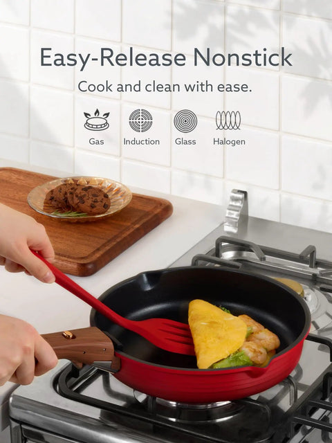 Cooking omelet in 20 Piece Titanium Nonstick Cookware Set With Detachable Handle For Induction Cooking Non Toxic PFOA Free